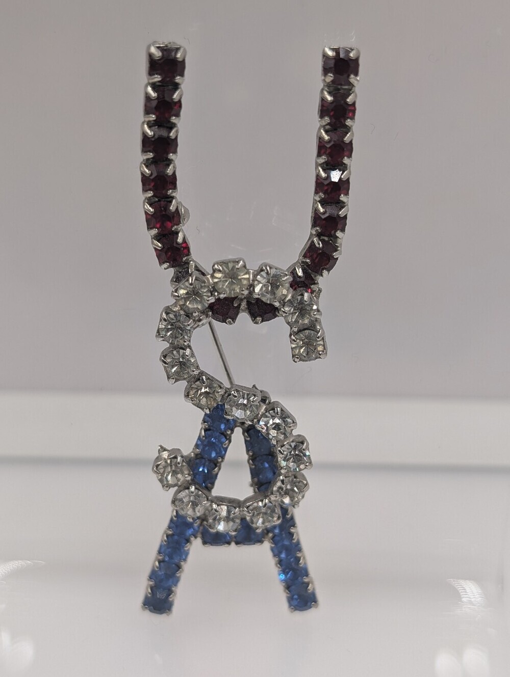 Blue and Silver Crystal USA Patriotic Brooch Approx 2.5" excellent condition C51